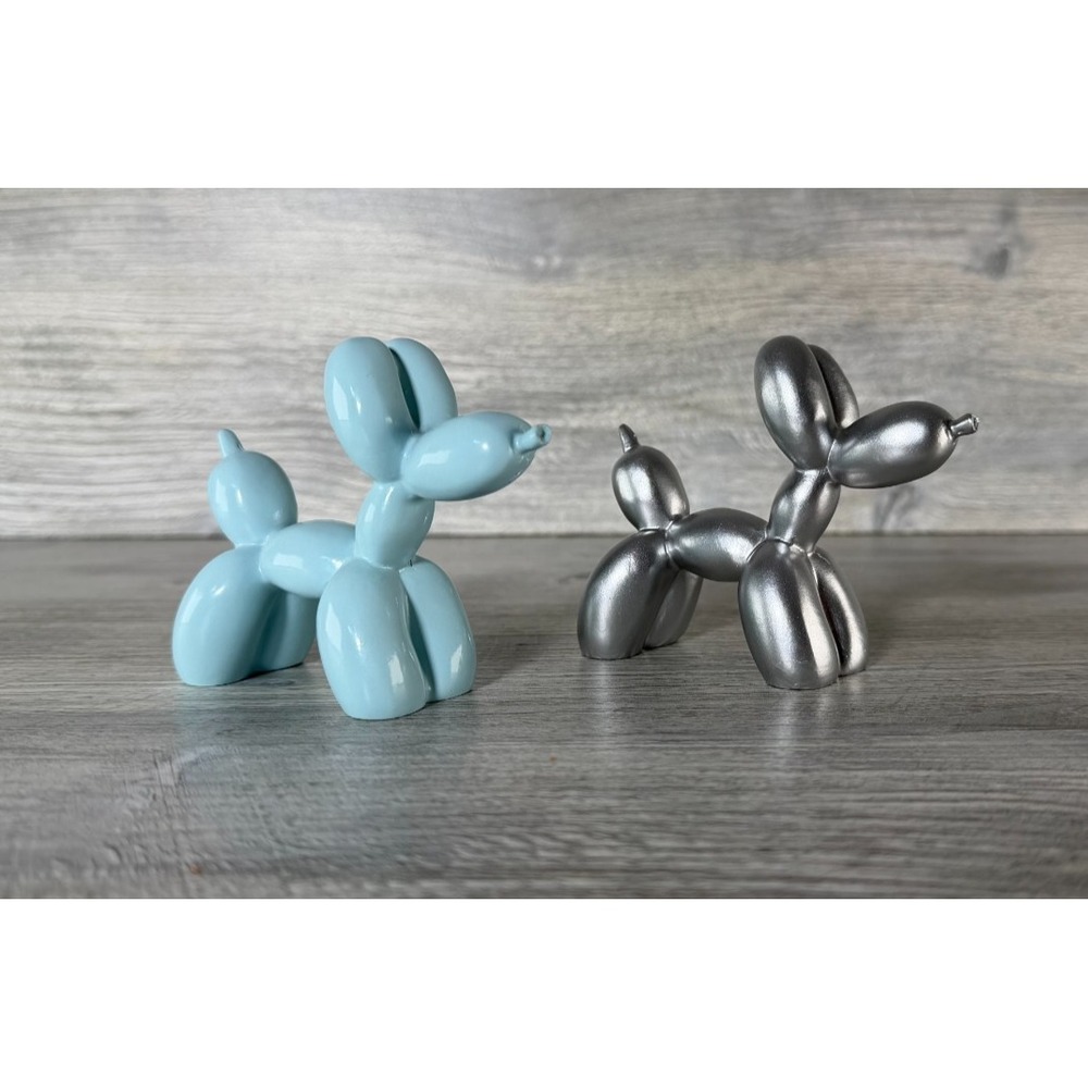 2 Balloon Dog Modern Art Figurines Silver & Blue Animal Sculpture Dog Lover Set